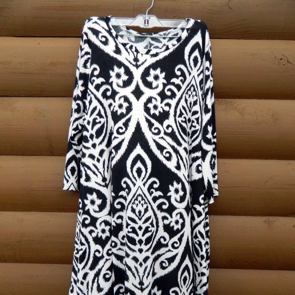 Jodifl Top Large Black Beige 3/4 Sleeve Tunic Rayon Flowy Stretch